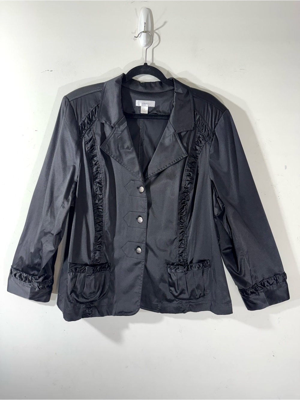 Cj Banks Black Satin Button up Blazer Jacket Size 2X ruched detail